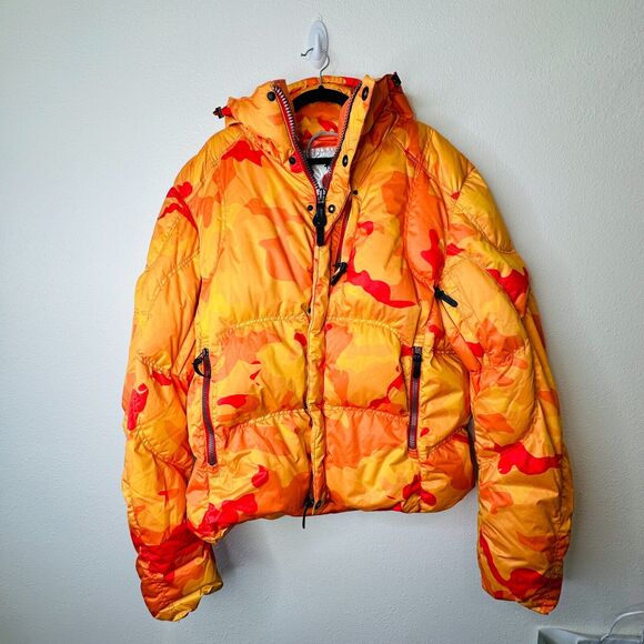 Kru St. Moritz Yellow Pink Orange Camo Front Button Zip Long Sleeve Hood Jacket - Picture 3 of 16